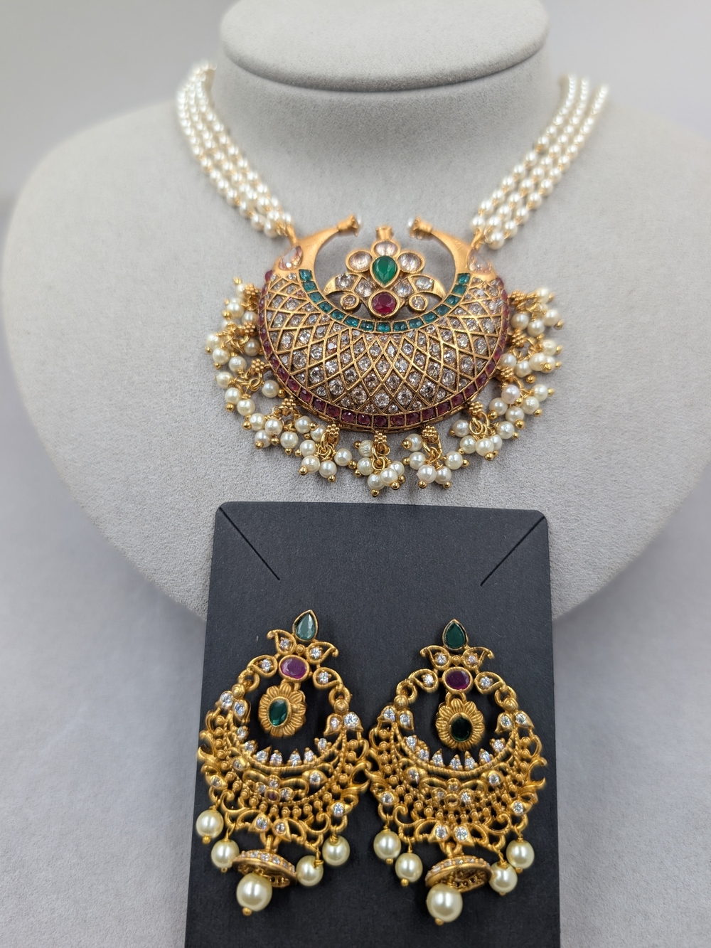 Indian Peacock Kundan Style Pearl Necklace Earrings Set Bridal | 0017